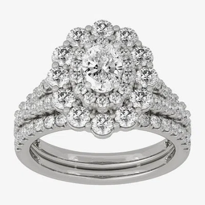 Modern Bride (h-i / Si1-si2) Womens 2 Ct. T.w. Lab Grown White Diamond 10k White Gold Oval Side Stone Halo Bridal In Silver