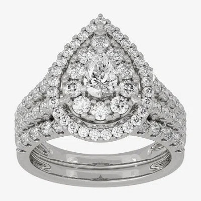 Modern Bride (h-i / Si1-si2) Womens 2 Ct. T.w. Lab Grown White Diamond 10k White Gold Pear Side Stone Halo Bridal In Silver