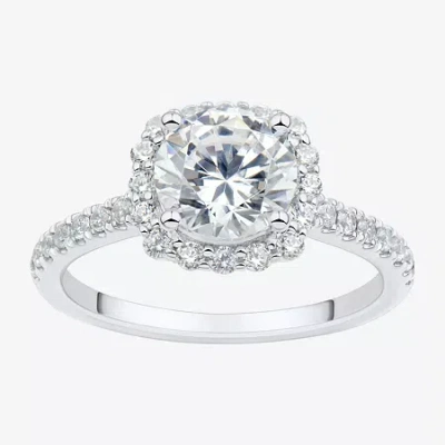 Modern Bride (h-i / Si1-si2) Womens 2 Ct. T.w. Lab Grown White Diamond 10k White Gold Round Side Stone Halo Engag In Silver