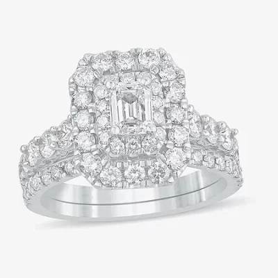 Modern Bride (h-i / Si1-si2) Womens 2 Ct. T.w. Lab Grown White Diamond 10k White Gold Side Stone Halo Bridal Set In Silver