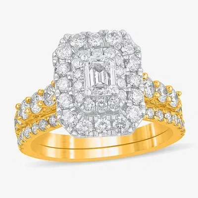 Modern Bride (h-i / Si1-si2) Womens 2 Ct. T.w. Lab Grown White Diamond 10k White Gold Side Stone Halo Bridal Set In Yellow