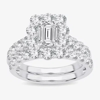 Modern Bride (h-i / Si1-si2) Womens 3 Ct. T.w. Lab Grown White Diamond 10k White Gold Cushion Side Stone Halo Bri In Neutral