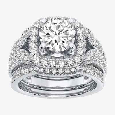Modern Bride (h-i / Si1-si2) Womens 3 Ct. T.w. Lab Grown White Diamond 14k White Gold Cushion Halo Bridal Set In Silver
