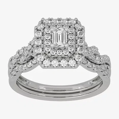 Modern Bride (h-i / Si1-si2) Womens 3/4 Ct. T.w. Lab Grown White Diamond 10k White Gold Cushion Side Stone Halo B In Silver