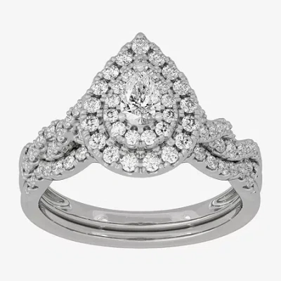 Modern Bride (h-i / Si1-si2) Womens 3/4 Ct. T.w. Lab Grown White Diamond 10k White Gold Pear Side Stone Halo Brid In Burgundy