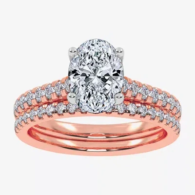 Modern Bride (h-i / Si2-i1) Womens 1 1/2 Ct. T.w. Lab Grown White Diamond 10k Or 14k Gold Oval Side Stone Bridal  In Pink