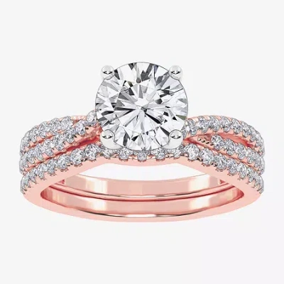 Modern Bride (h-i / Si2-i1) Womens 1 1/2 Ct. T.w. Lab Grown White Diamond 10k Rose Gold Round Side Stone Bridal S In Pink