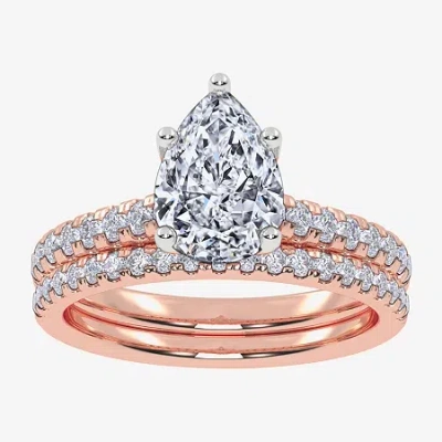 Modern Bride (h-i / Si2-i1) Womens 1 1/2 Ct. T.w. Lab Grown White Diamond 10k White Gold Pear Side Stone Bridal S In Brown