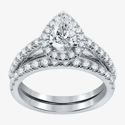Modern Bride (h-i / Si2-i1) Womens 1 3/4 Ct. T.w. Lab Grown White Diamond 10k White Gold Pear Side Stone Halo Bri In Silver