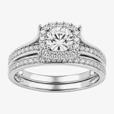Modern Bride (h / I1-i2) Womens 1 Ct. T.w. Lab Grown White Diamond Sterling Silver Round Side Stone Halo Bridal S