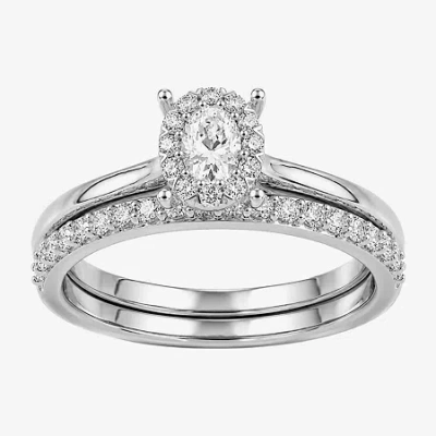 Modern Bride (h / I1-i2) Womens 1/2 Ct. T.w. Lab Grown White Diamond Sterling Silver Oval Halo Bridal Set In Metallic