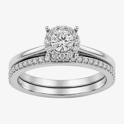 Modern Bride (h / I1-i2) Womens 3/4 Ct. T.w. Lab Grown White Diamond Sterling Silver Round Side Stone Halo Bridal