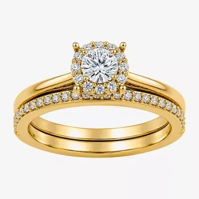 Modern Bride (h / I1-i2) Womens 3/4 Ct. T.w. Lab Grown White Diamond Sterling Silver Round Side Stone Halo Bridal In Gold
