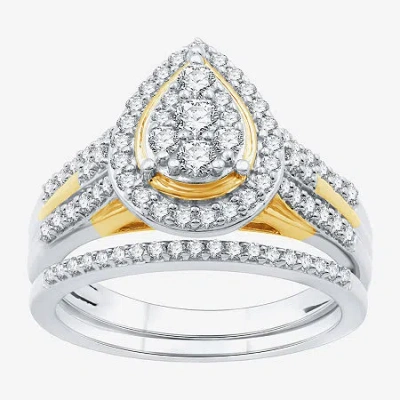 Modern Bride (h-i/i1) Womens 3/4 Ct. T.w. Lab Grown White Diamond 14k Two Tone Gold Over Silver Pear Side Stone H In Metallic
