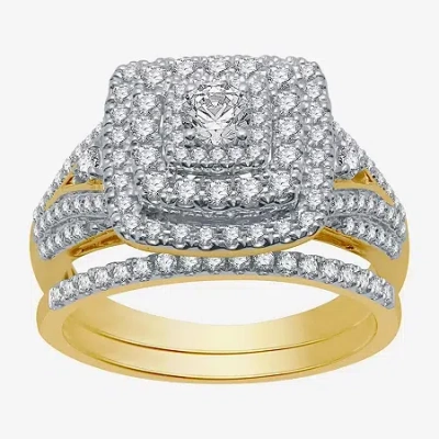Modern Bride (h-i / I1) Womens 1 Ct. T.w. Lab Grown White Diamond 10k Gold Cushion Side Stone Halo Bridal Set In Transparent