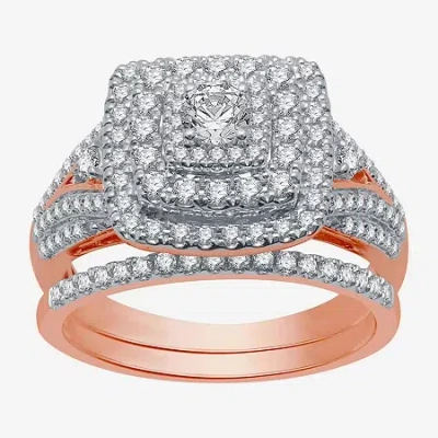 Modern Bride (h-i / I1) Womens 1 Ct. T.w. Lab Grown White Diamond 10k Rose Gold Side Stone Halo Bridal Set In Pink