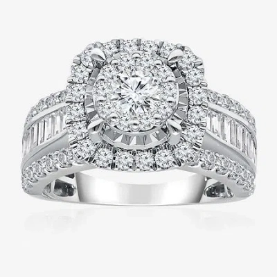 Modern Bride (i / I1) Womens 2 Ct. T.w. Lab Grown White Diamond 10k Or 14k Gold Cushion Side Stone Halo Engagemen In Metallic