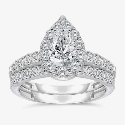 Modern Bride (i / I1) Womens 2 Ct. T.w. Lab Grown White Diamond 10k White Gold Pear Side Stone Halo Bridal Set In Silver