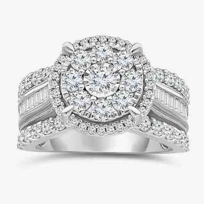 Modern Bride (i / I1) Womens 2 Ct. T.w. Lab Grown White Diamond 10k White Gold Round Side Stone Halo Engagement R In Silver