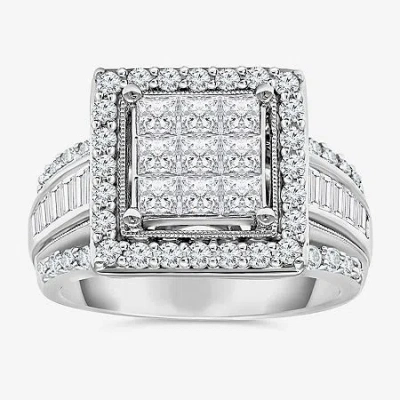Modern Bride (i / I1) Womens 2 Ct. T.w. Lab Grown White Diamond 10k White Gold Side Stone Halo Engagement Ring