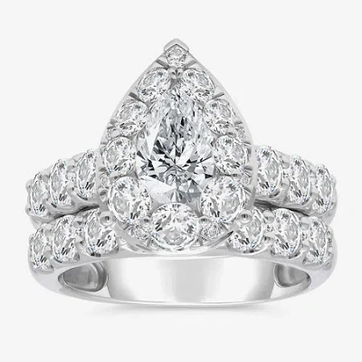 Modern Bride (i / I1) Womens 4 Ct. T.w. Lab Grown White Diamond 10k White Gold Pear Side Stone Halo Bridal Set In Silver