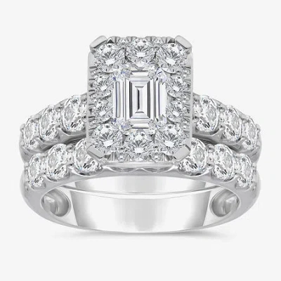 Modern Bride (i / I1) Womens 4 Ct. T.w. Lab Grown White Diamond 10k White Gold Side Stone Halo Bridal Set In Silver