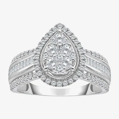 Modern Bride I-j / I2-i3 Womens 1 Ct. T.w. Natural White Diamond 10k Gold Pear Side Stone Halo Engagement Ring