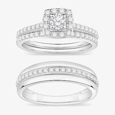 Modern Bride (i / Si1) 3pc Trio Set Featuring 1 Ct. T.w. Lab Grown White Diamond 10k White Gold Round Side Stone  In Silver