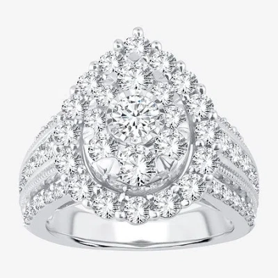Modern Bride (i / Si1-si2) Womens 3 Ct. T.w. Lab Grown White Diamond 10k Gold Pear Side Stone Halo Engagement Rin In Metallic