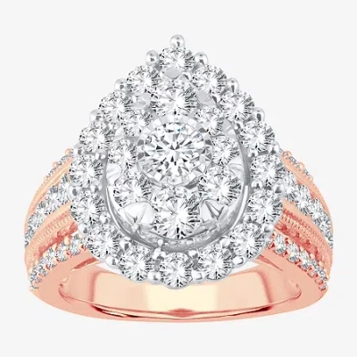 Modern Bride (i / Si1-si2) Womens 3 Ct. T.w. Lab Grown White Diamond 10k Gold Pear Side Stone Halo Engagement Rin In Pink