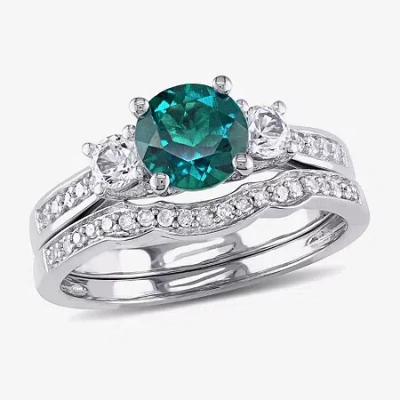 Modern Bride Lab Created Emerald & 1/7 Ct. T.w. Diamond 10k White Gold Bridal Set In Green