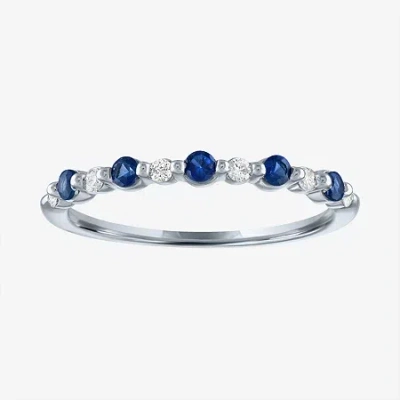 Modern Bride Lab-created Gemstone And 1/10 Ct.t.w. Lab-grown Diamond 2mm Wedding Band In 10k Gold In Blue
