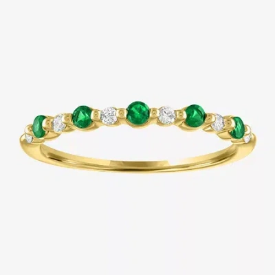 Modern Bride Lab-created Gemstone And 1/10 Ct.t.w. Lab-grown Diamond 2mm Wedding Band In 10k Gold In Green