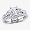 Modern Bride Lab Created White Sapphire & 1/7 Ct. T.w. Diamond 10k White Gold Bridal Set In Transparent