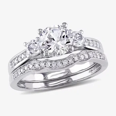 Modern Bride Lab Created White Sapphire & 1/7 Ct. T.w. Diamond 10k White Gold Bridal Set In Transparent