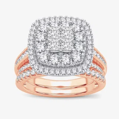 Modern Bride Limited Edition! Womens 1 Ct.t.w. Natural Diamond 10k Or 14k Gold Cushion Halo Bridal Set In Pink