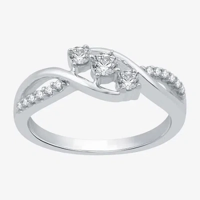 Modern Bride Love Lives Forever 1/3 Ct.t.w. Natural Diamond 10k Gold 3-stone Promise Ring In Silver