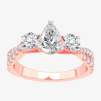 Modern Bride Love Lives Forever (h-i / Si1-si2) Womens 2 Ct. T.w. Lab Grown White Diamond 10k Gold Pear 3-stone E In Pink