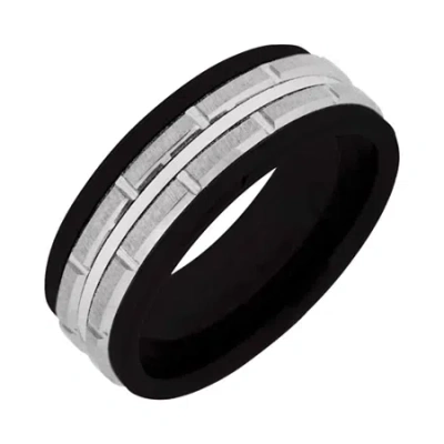 Modern Bride Men's Black Ceramic & Stainless Steel Brick-pattern Wedding Band