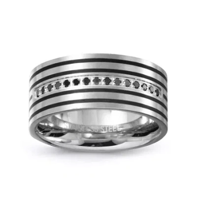 Modern Bride Mens 10mm 1/8 Ct. T.w. Natural Black Diamond Stainless Steel Wedding Band In Transparent