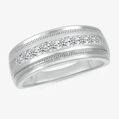 Modern Bride Mens 2.5mm 1/2 Ct. T.w. Natural White Diamond 14k White Gold Wedding Band In Silver