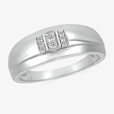 Modern Bride Mens 2mm 1/10 Ct. T.w. Natural White Diamond 10k White Gold Wedding Band In Silver