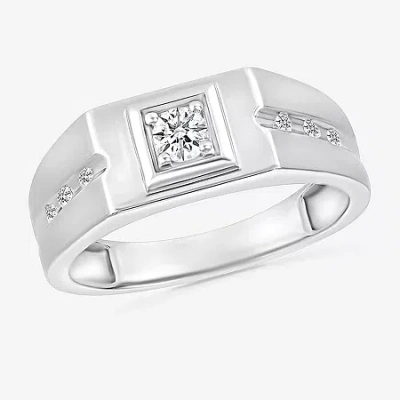 Modern Bride Mens 3mm 1/4 Ct. T.w. Natural White Diamond 14k White Gold Wedding Band In Silver