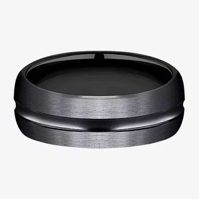 Modern Bride Mens Black Titanium Satin Center 7.5mm Wedding Band In Transparent