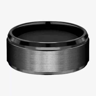Modern Bride Mens Black Titanium Satin Center 9mm Wedding Band In Transparent