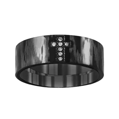 Modern Bride Mens Diamond-accent Cross Stainless Steel 8mm Wedding Band In Black