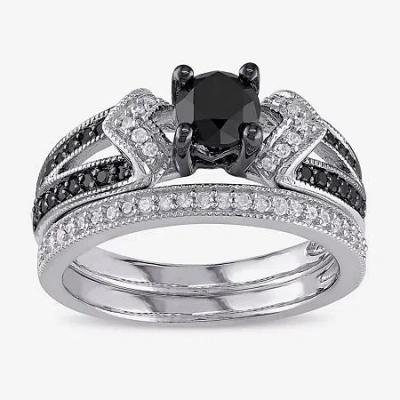 Modern Bride Midnight Black Diamond 1 1/8 Ct.t.w. White And Color-enhanced Black Diamond Sterling Silver Bridal S In Metallic