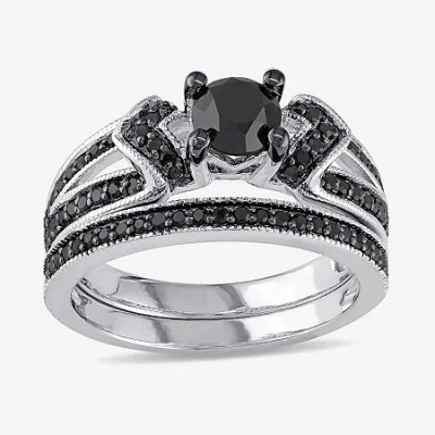 Modern Bride Midnight Black Diamond 1 Ct.t.w. Color-enhanced Black Diamond Sterling Silver Bridal Set In Gold