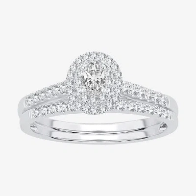 Modern Bride Oval 1/2 Ct.t.w. Natural Diamond Side Stone Halo Bridal Set In 10k Or 14k White Gold In Brown