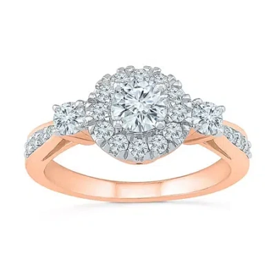 Modern Bride Promise My Love Womens 1 Ct. T.w. Natural White Diamond 10k Rose Gold Round 3-stone Halo Engagement  In Pink